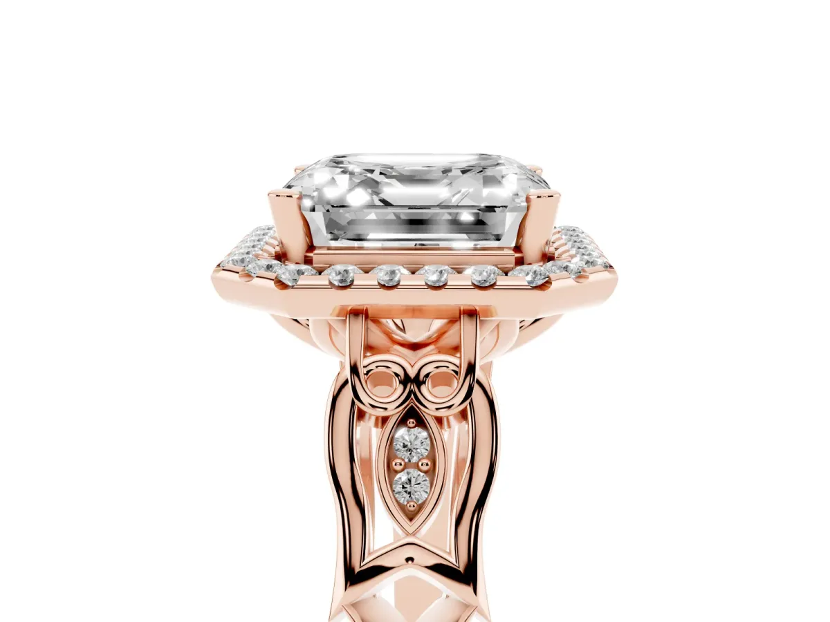 Asscher Cut Halo Diamond Engagement Ring with Filigree Band and Four-Prong Setting Rose gold
