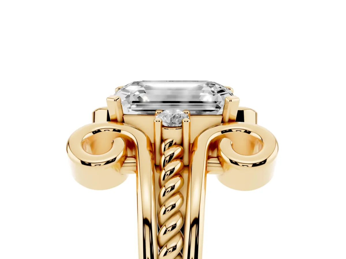 Emerald Cut Solitaire Twisted Band Scroll Prong Ring Yellow gold