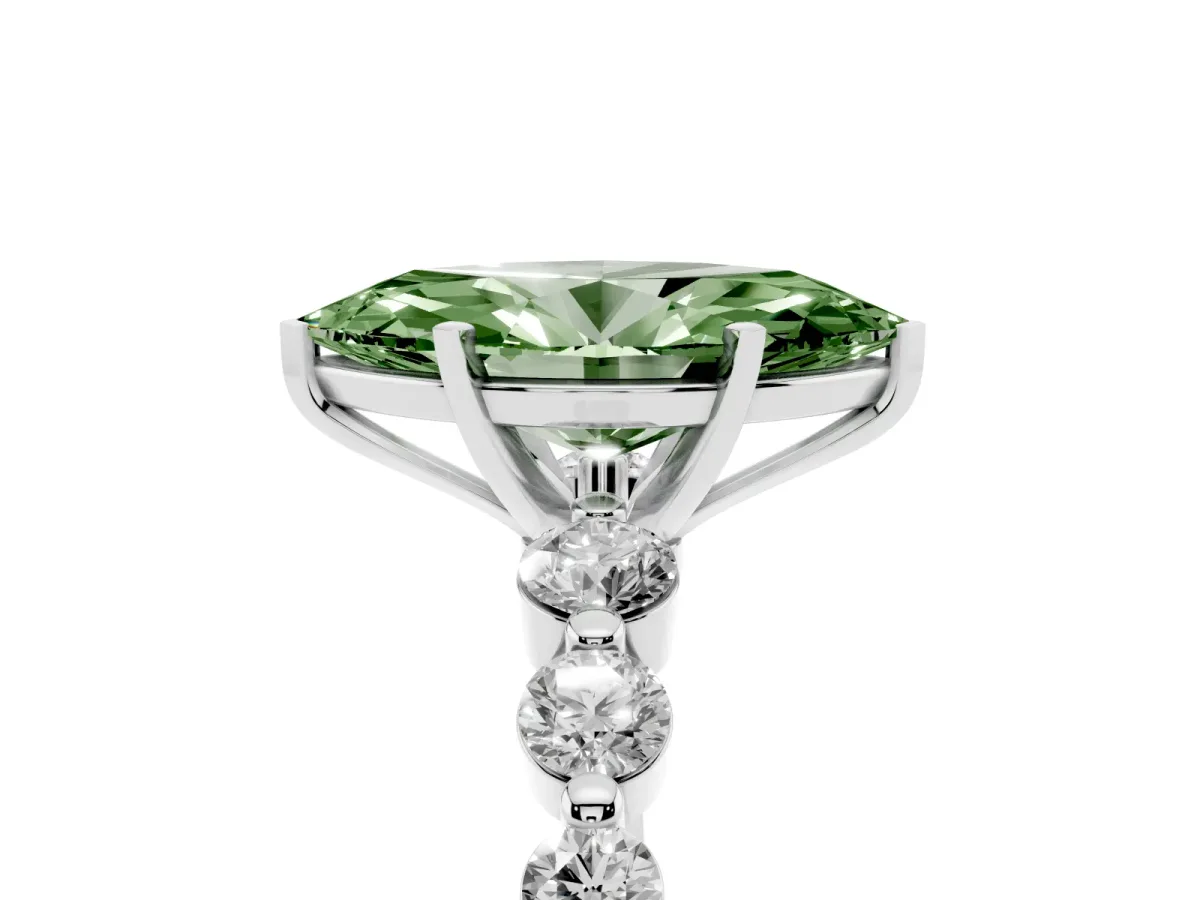 Fancy Green Marquise Cut Solitaire Diamond Ring with Pave Band and Four-Prong Setting White gold