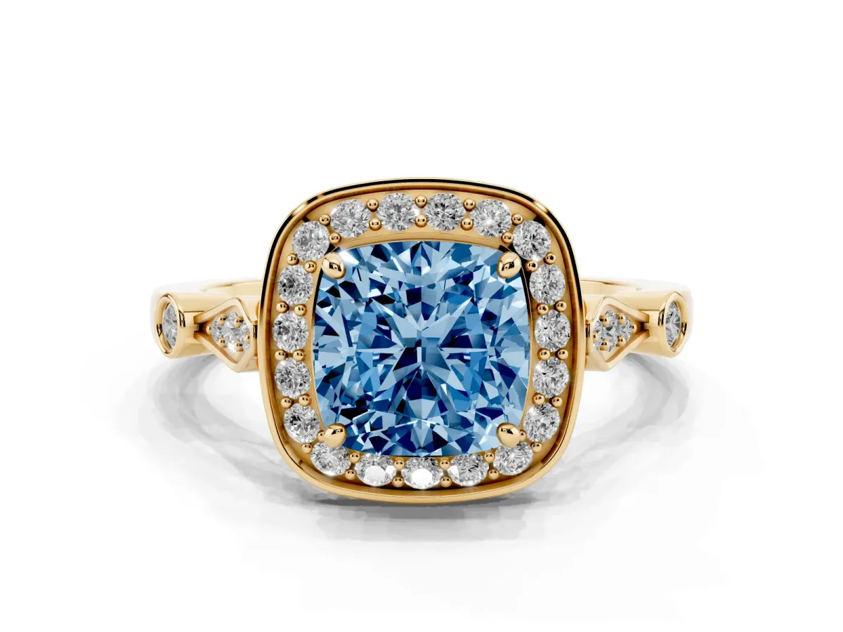 Fancy Blue Cushion Cut Halo Diamond Engagement Ring with Twisted Band and Four-Prong Setting Yellow gold