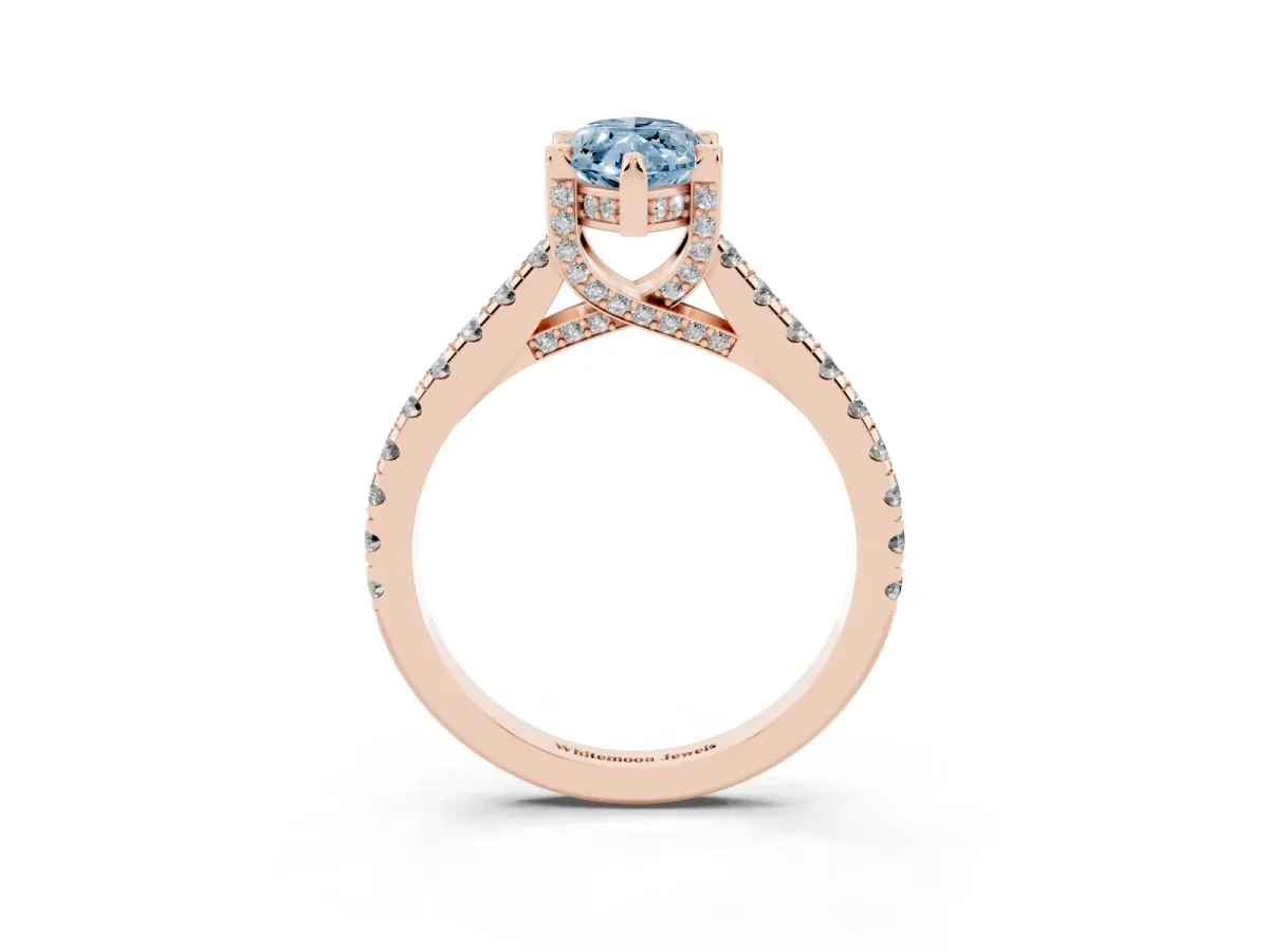 Fancy Blue Marquise Cut Brilliant Diamond Solitaire with Pavé Band and Four-Prong Setting Rose gold