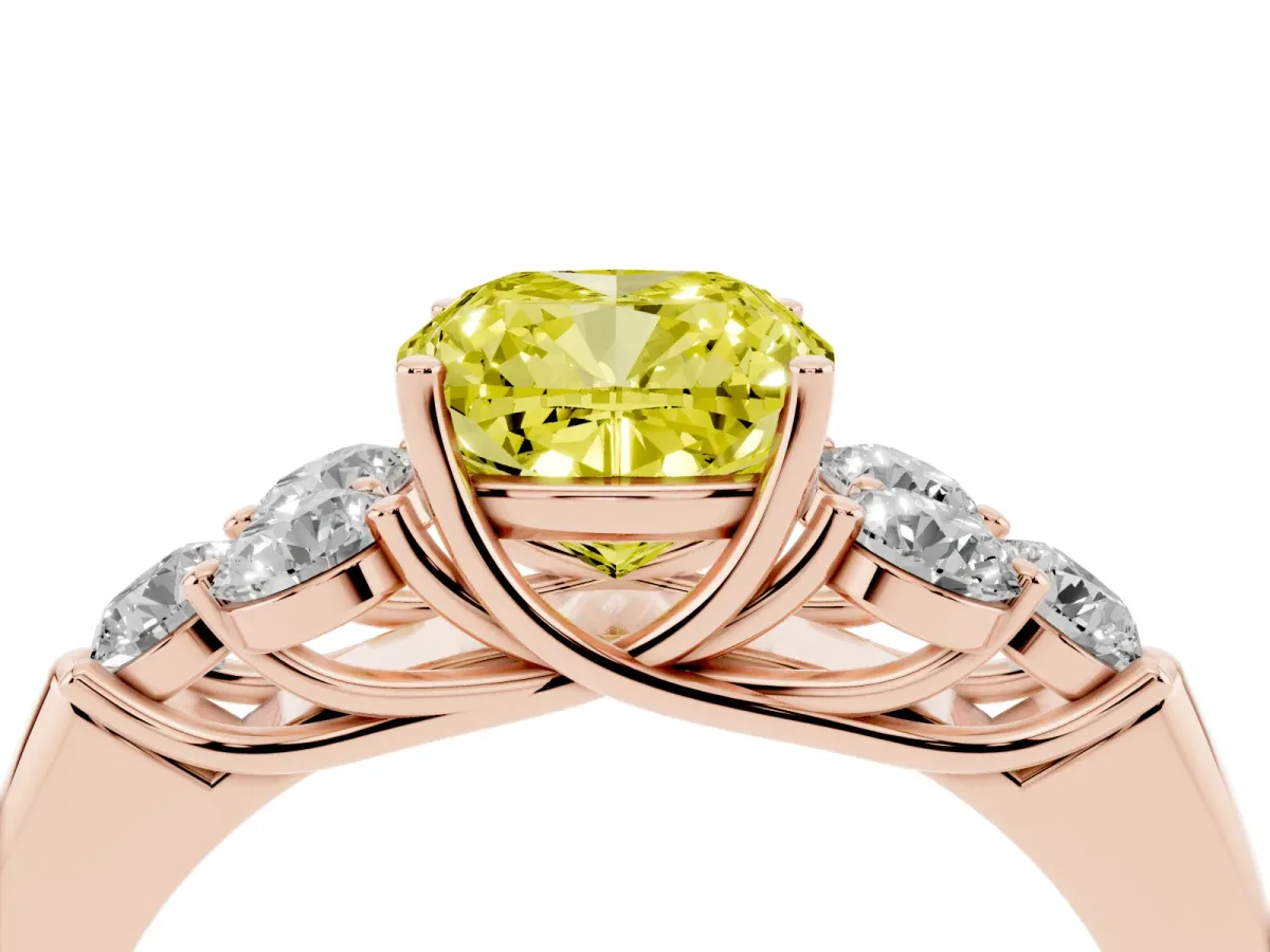 Fancy Yellow Cushion Cut Cut Diamond Cluster Ring with Round Accent Stones and Prong Setting on a Classic Band Rose gold