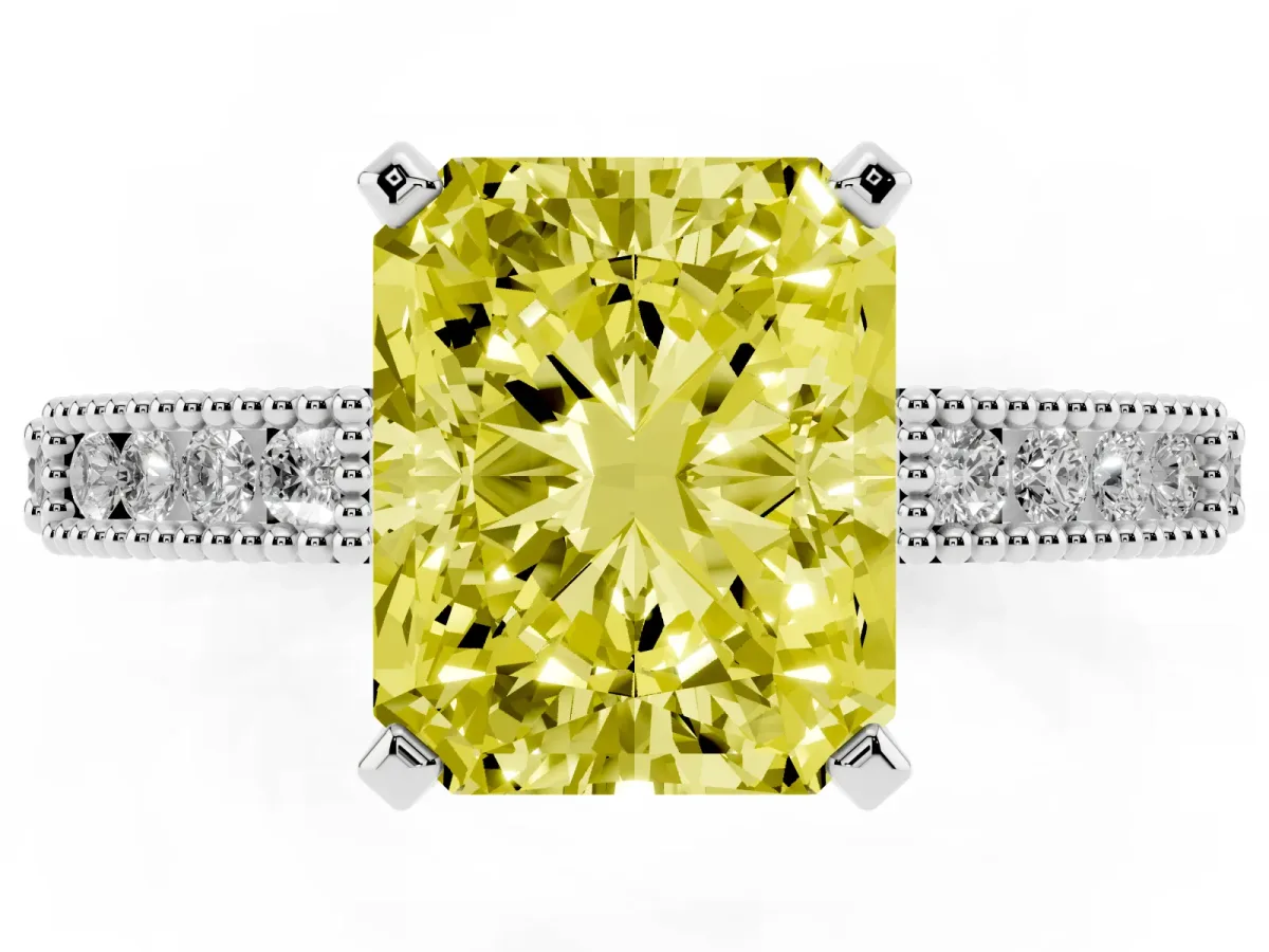 Fancy Yellow Radiant Cut Solitaire with Pavé Band and Four-Prong Setting Silver