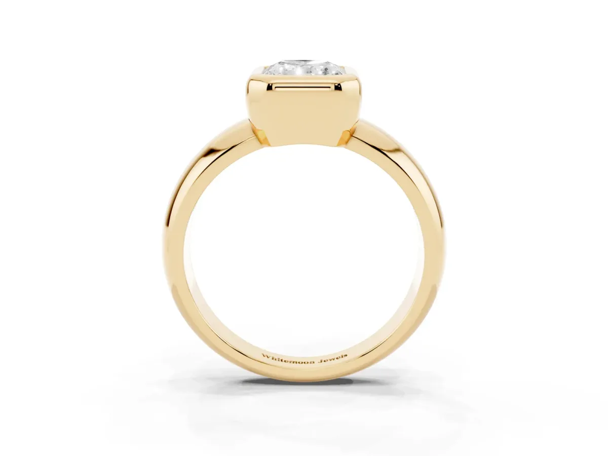 Bezel Set Radiant Cut Solitaire Ring with Wide Band Yellow gold