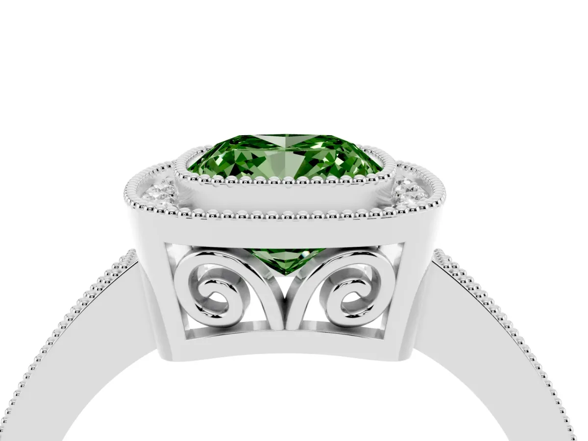 Fancy Green Cushion Cut Cut Halo Diamond Ring with Pavé Band and Milgrain Prong Setting Platinum