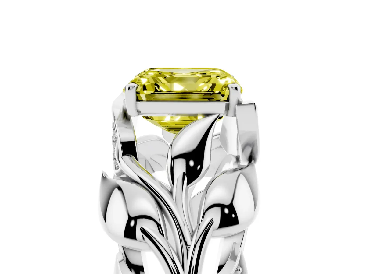 Fancy Yellow Asscher Cut Diamond Leaf-Inspired Engagement Ring with Round Accents and Prong Setting White gold