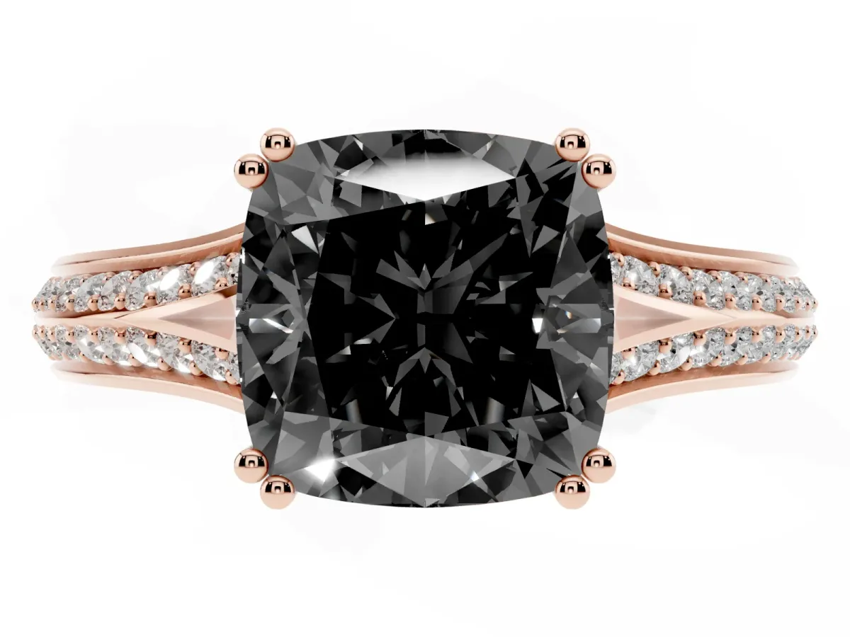 Fancy Black Cushion Cut Diamond Split Shank Engagement Ring with Pavé Band Rose gold