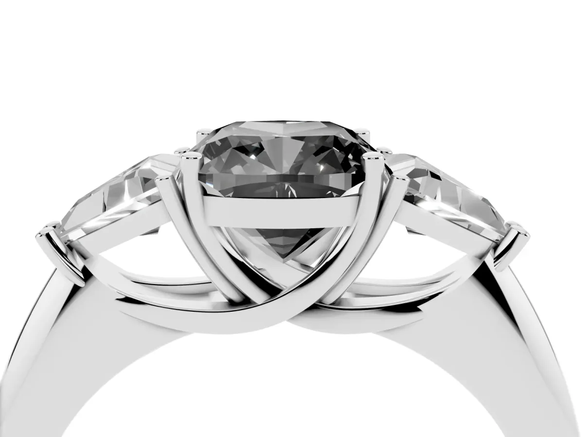 Fancy Black Three-Stone Cushion Cut Diamond Engagement Ring with Trillion Side Stones and Prong Setting Silver