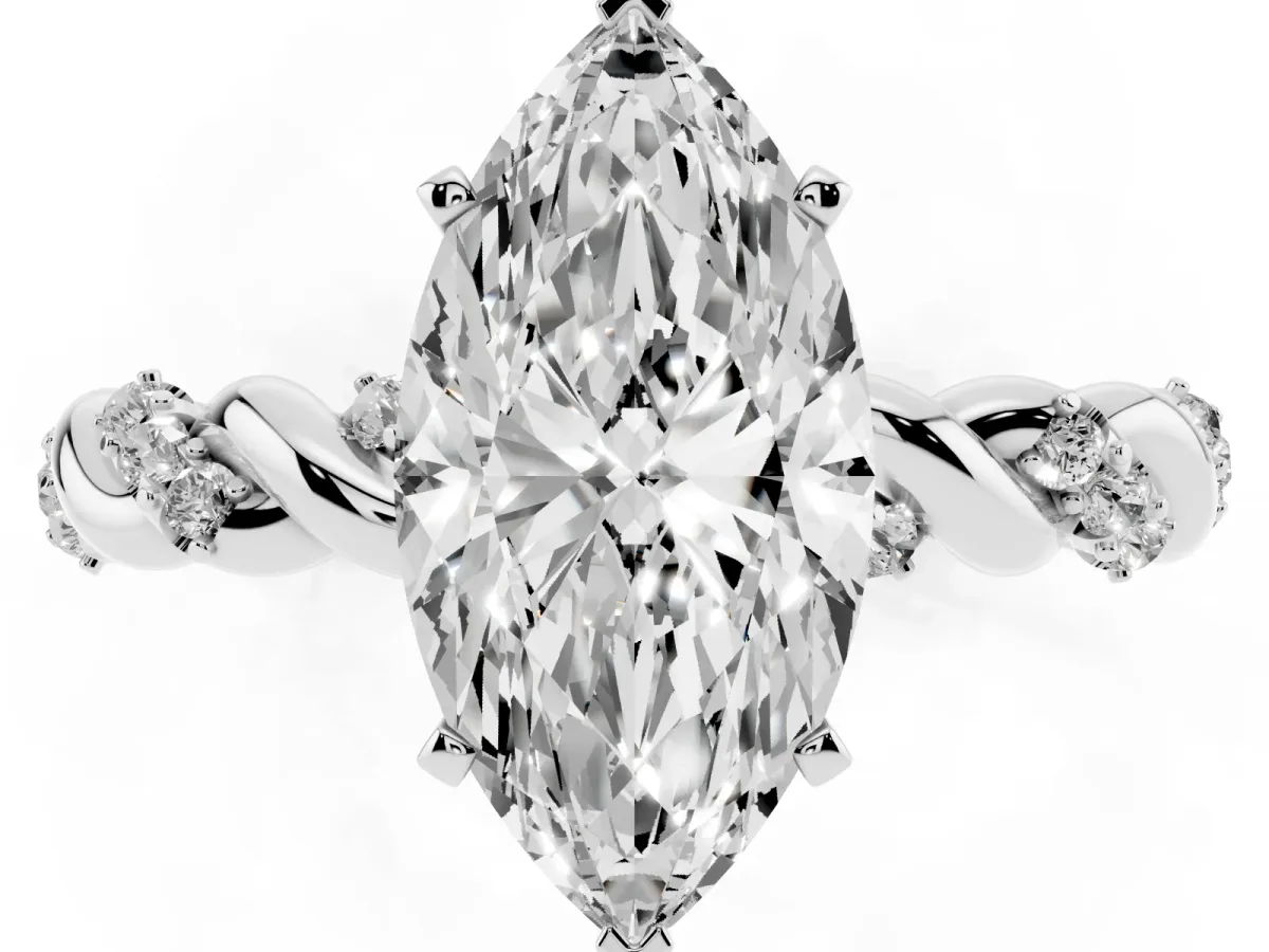 Marquise Cut Diamond Solitaire Ring with Twisted Band and Pavé Accents Platinum
