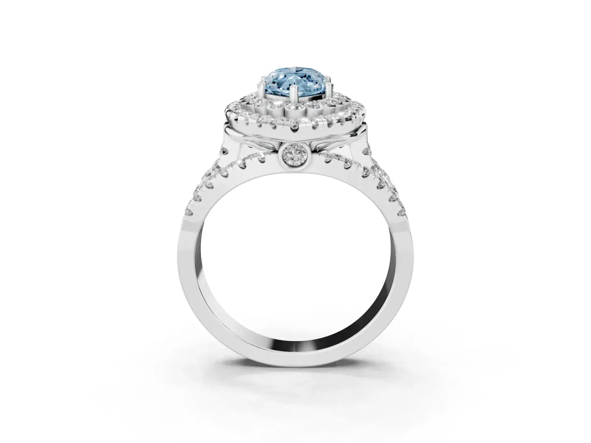 Fancy Blue Marquise Cut Diamond Double Halo Ring with Round Pavé Split Shank and Prong Setting Silver
