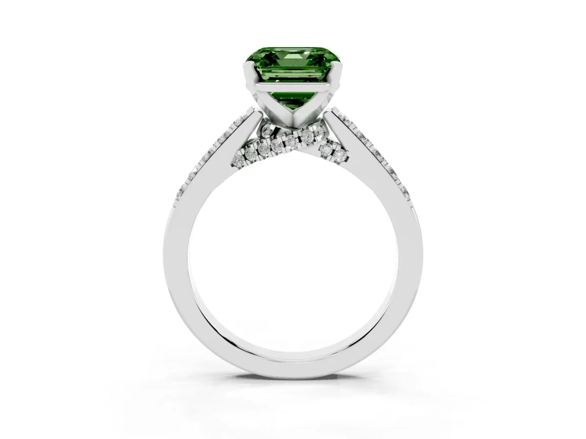 Fancy Green Asscher Cut Diamond Solitaire Ring with Crossover Gallery and Round Pavé Band White gold