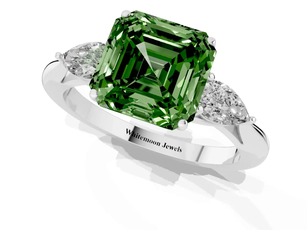 Fancy Green Three-Stone Asscher Cut Brilliant Diamond Solitaire Ring with Tapered Band and Four-Prong Setting Silver