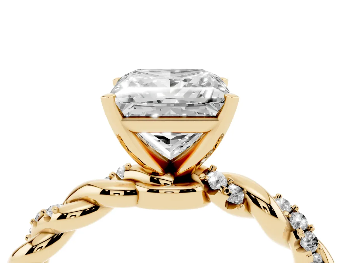 Princess Cut Diamond Solitaire Ring with Twisted Band and Pavé Accents Yellow gold
