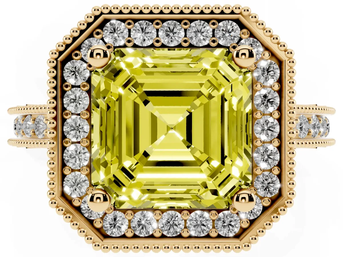 Fancy Yellow Asscher Cut Diamond Milgrain Halo Engagement Ring with Round Pavé Band and Prong Setting Yellow gold