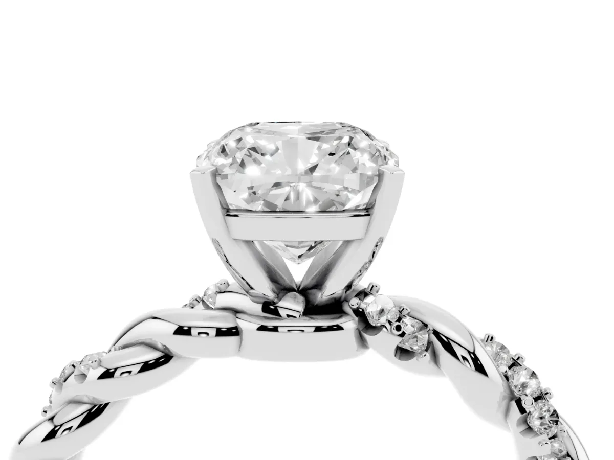 Cushion Cut Diamond Solitaire Ring with Twisted Band and Pavé Accents Platinum
