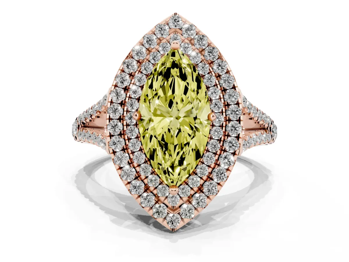 Fancy Yellow Marquise Cut Diamond Double Halo Ring with Pavé Band and Prong Setting Rose gold