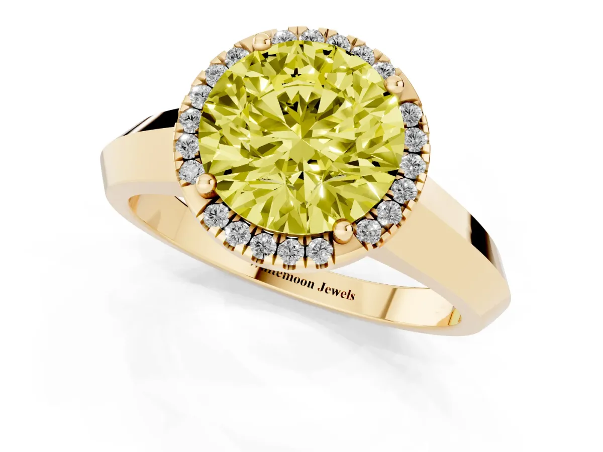 Fancy Yellow Round Cut Halo Diamond Ring with Cathedral Band and Four-Prong Setting Yellow gold