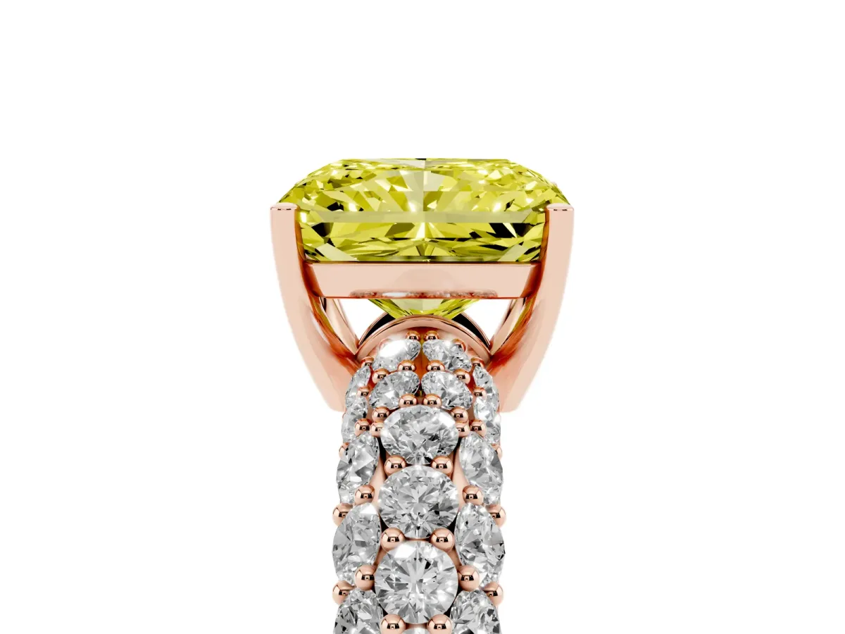 Fancy Yellow Radiant Cut Diamond Pavé Band Solitaire Ring with Four-Prong Setting Rose gold