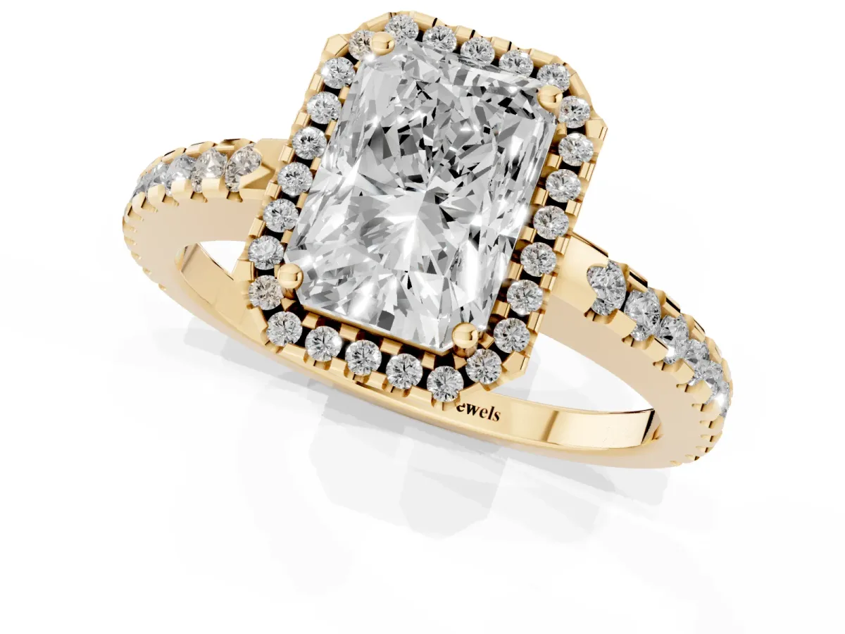 Radiant Cut Diamond Halo Engagement Ring with Pavé Band and Prong Setting Yellow gold