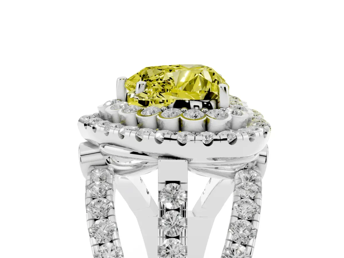 Fancy Yellow Heart Cut Diamond Double Halo Ring with Round Pavé Split Shank and Prong Setting Silver
