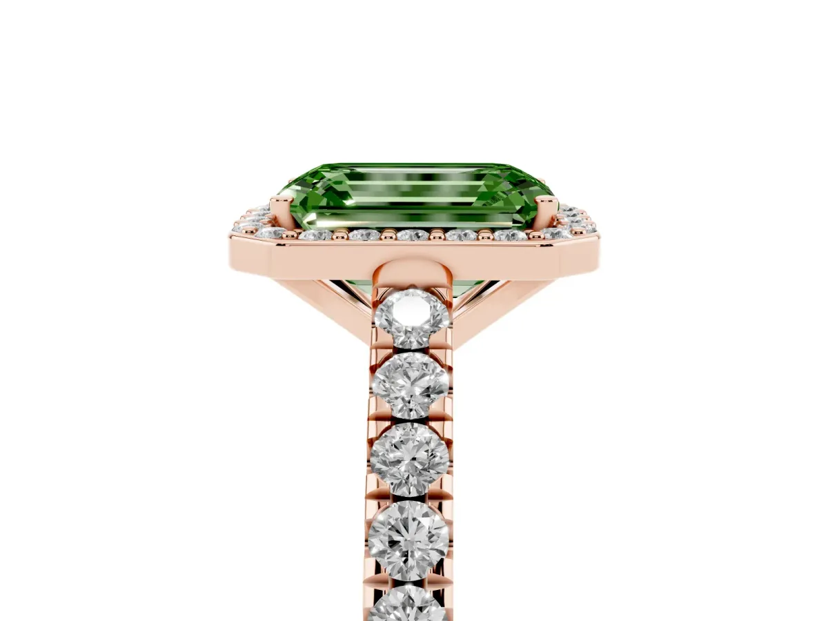 Fancy Green Emerald Cut Cut Halo Diamond Engagement Ring with Pave Band and Four-Prong Setting Rose gold