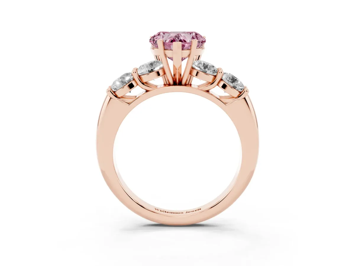 Fancy Pink Heart Cut Cut Five-Stone Prong Set Diamond Ring with Classic Band Rose gold