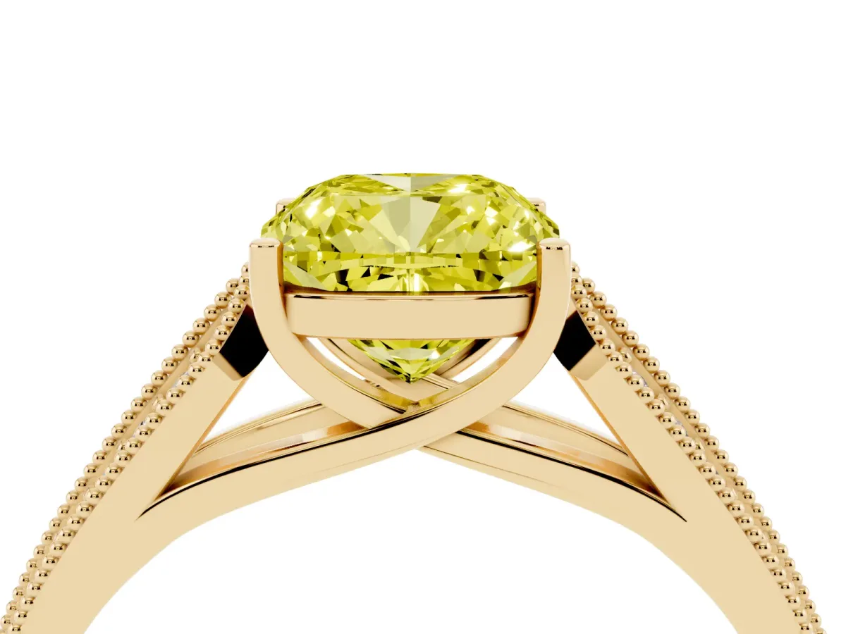 Fancy Yellow Cushion Cut Cut Pave Split Shank Engagement Ring with Four-Prong Setting Yellow gold
