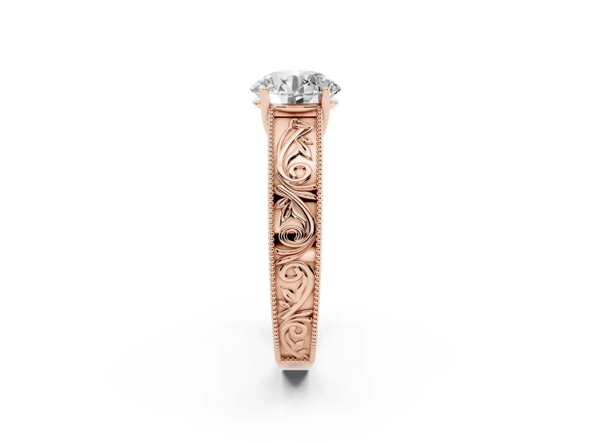 Round Cut Diamond Solitaire Ring with Engraved Band and Four-Prong Setting Rose gold