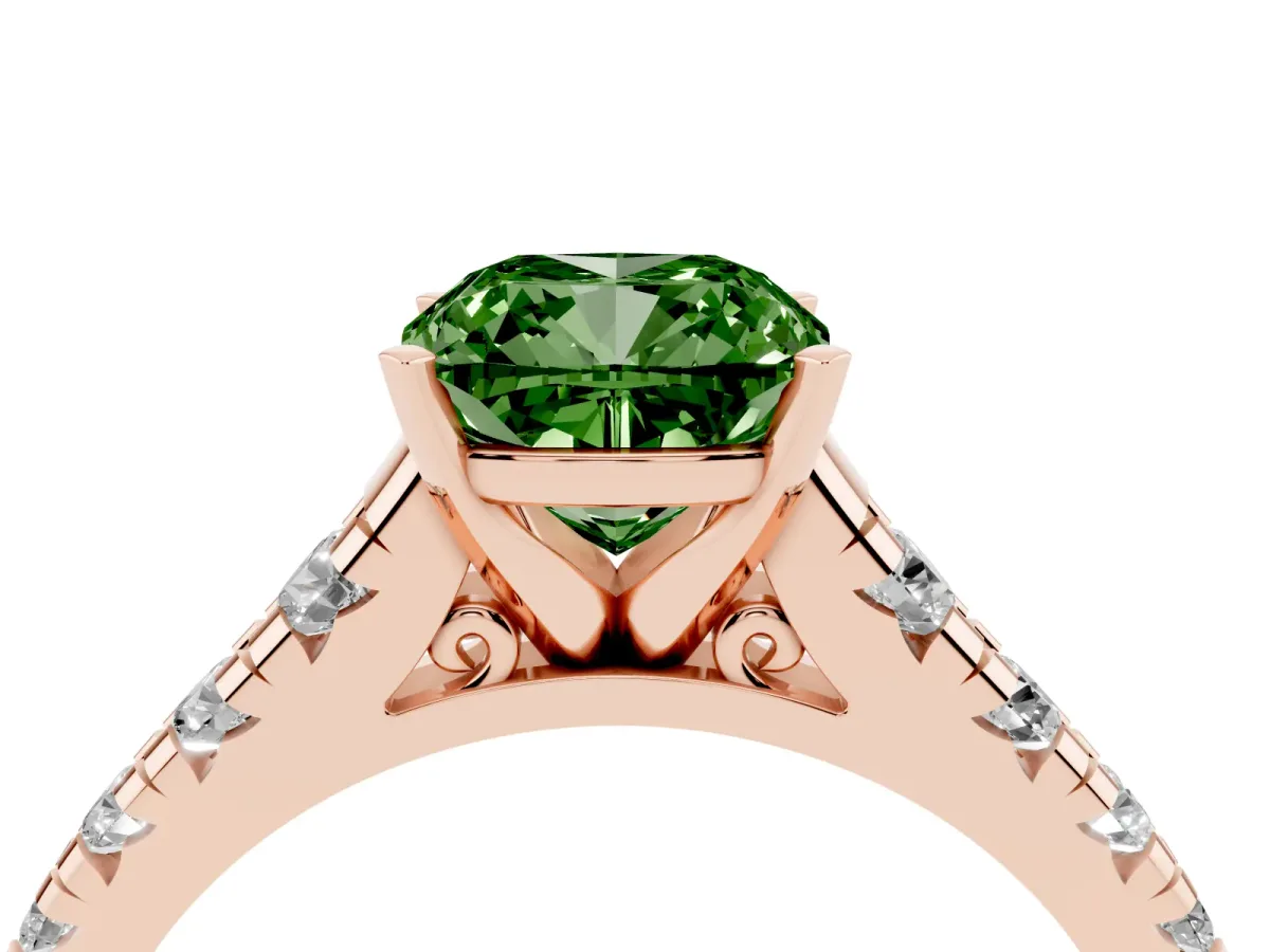 Fancy Green Cushion Cut Diamond Cathedral Solitaire Ring with Round Pavé Band Rose gold