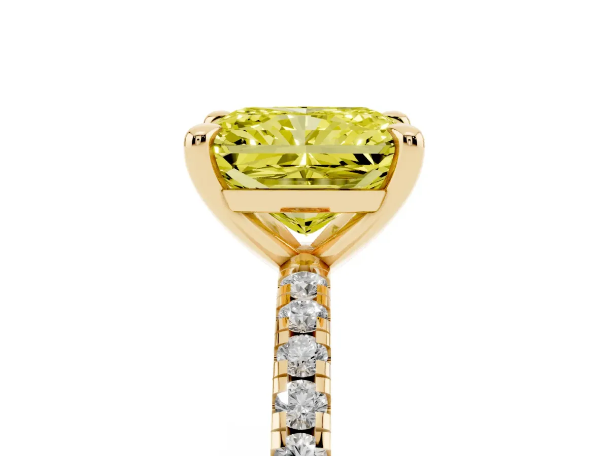 Fancy Yellow Radiant Cut Diamond Brilliant Solitaire Ring with Pavé Band and Four-Prong Setting Yellow gold