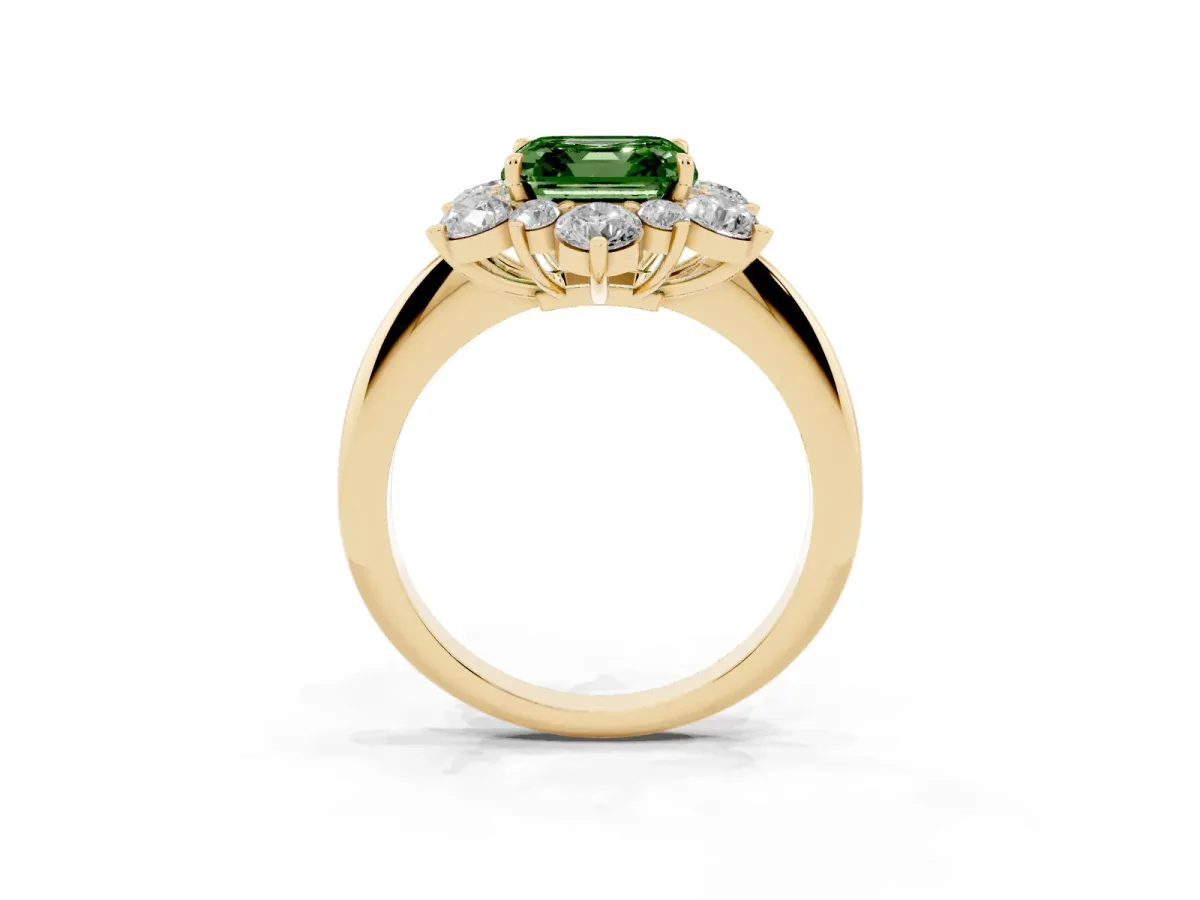 Fancy Green Asscher Cut Diamond Cluster Halo Ring with Solitaire Band and Four-Prong Setting Yellow gold