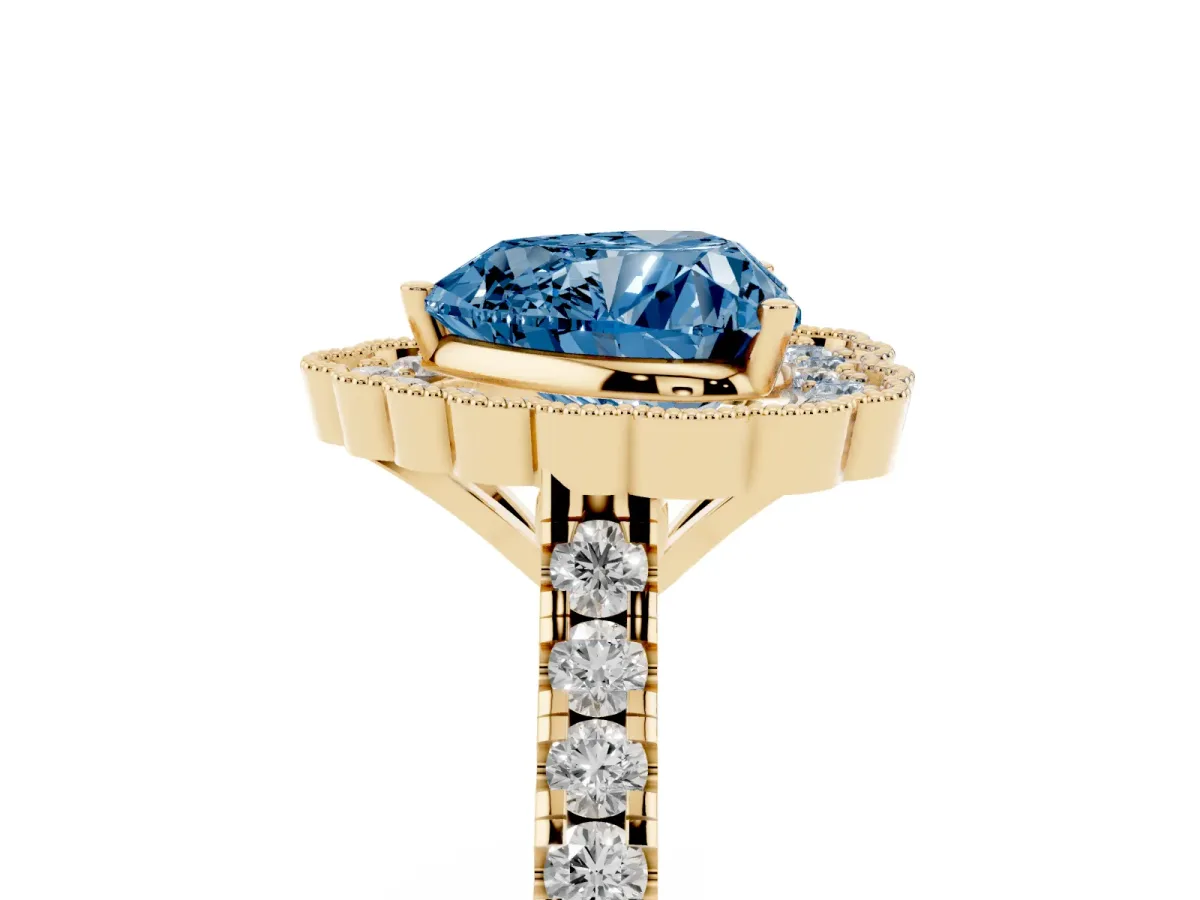 Fancy Blue Heart Cut Cut Diamond Milgrain Floral Halo Engagement Ring with Pavé Band Yellow gold