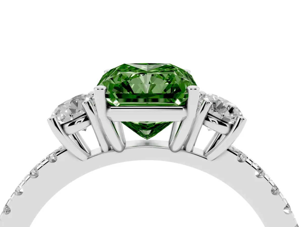 Fancy Green Three-Stone Radiant Cut Cut Diamond Pavé Band with Prong Setting Silver