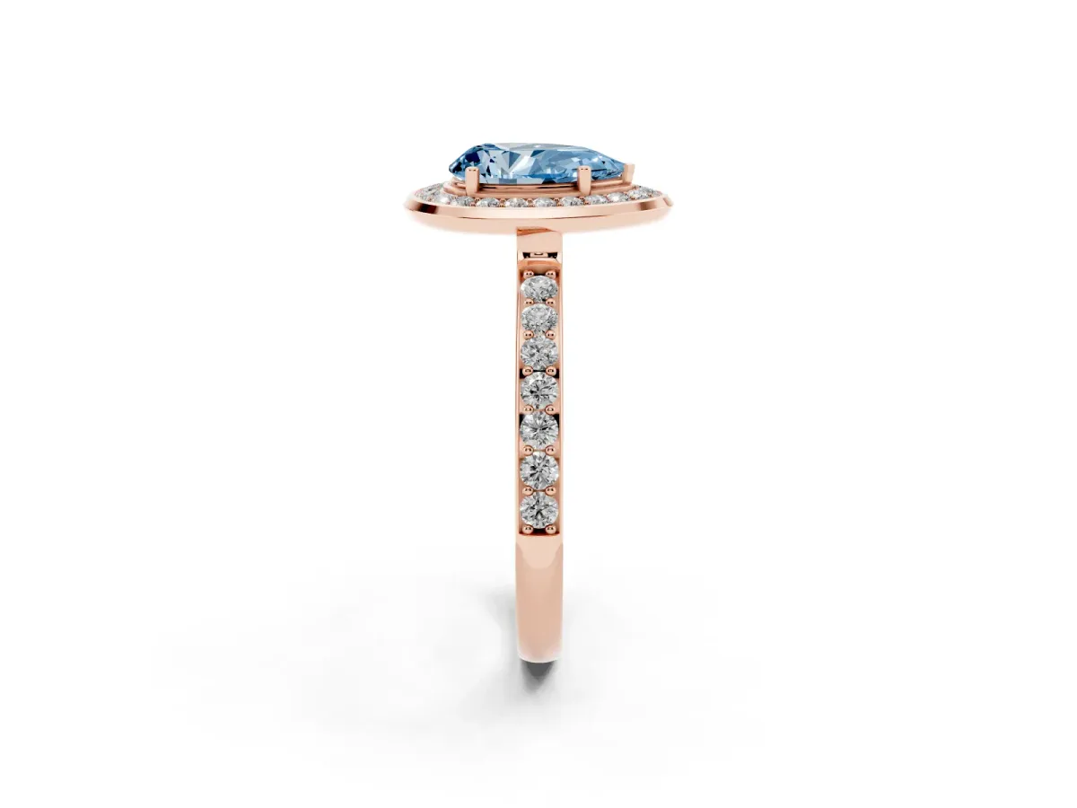 Fancy Blue Pear Cut Diamond Halo Ring with Bezel Frame and Pavé Band Rose gold