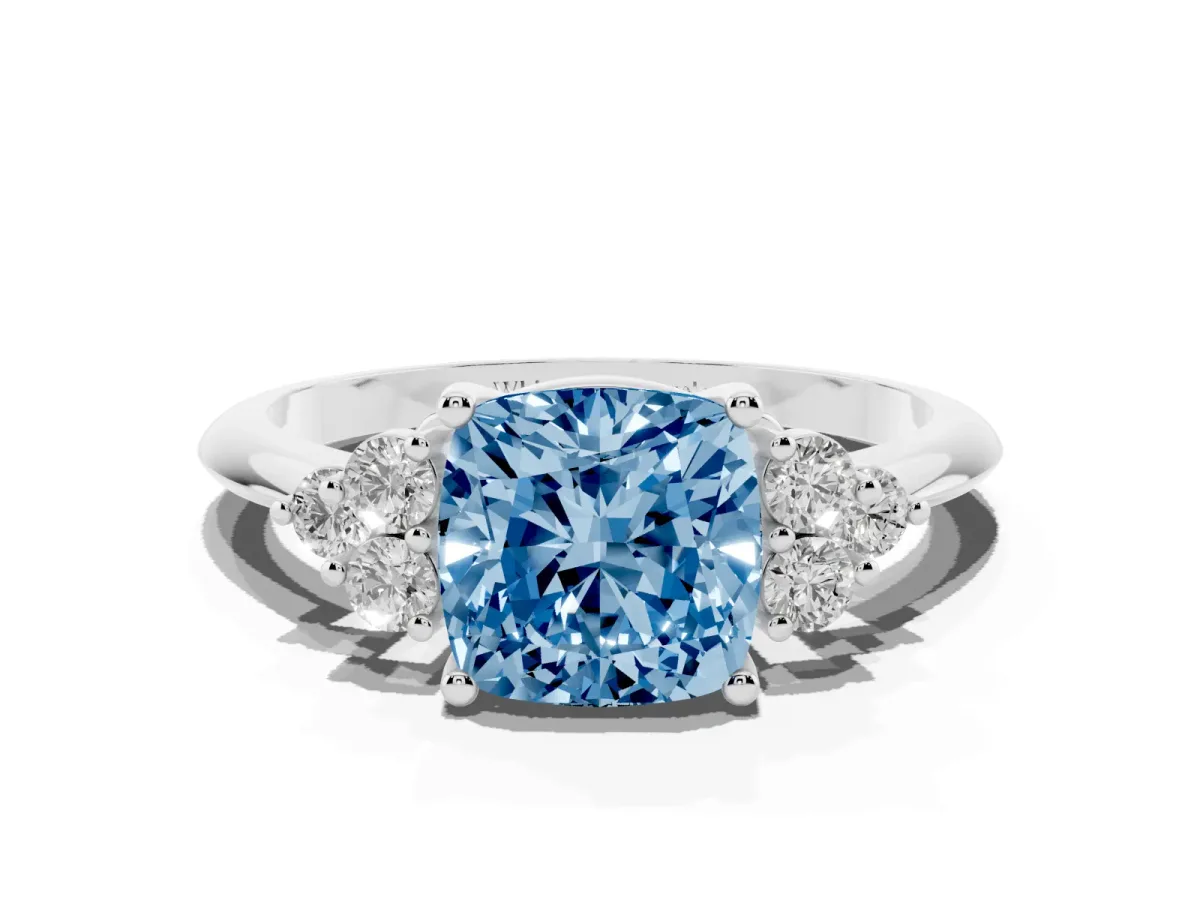 Fancy Blue Cushion Cut Cut Diamond Cluster Ring with Solitaire Band and Four-Prong Setting Silver