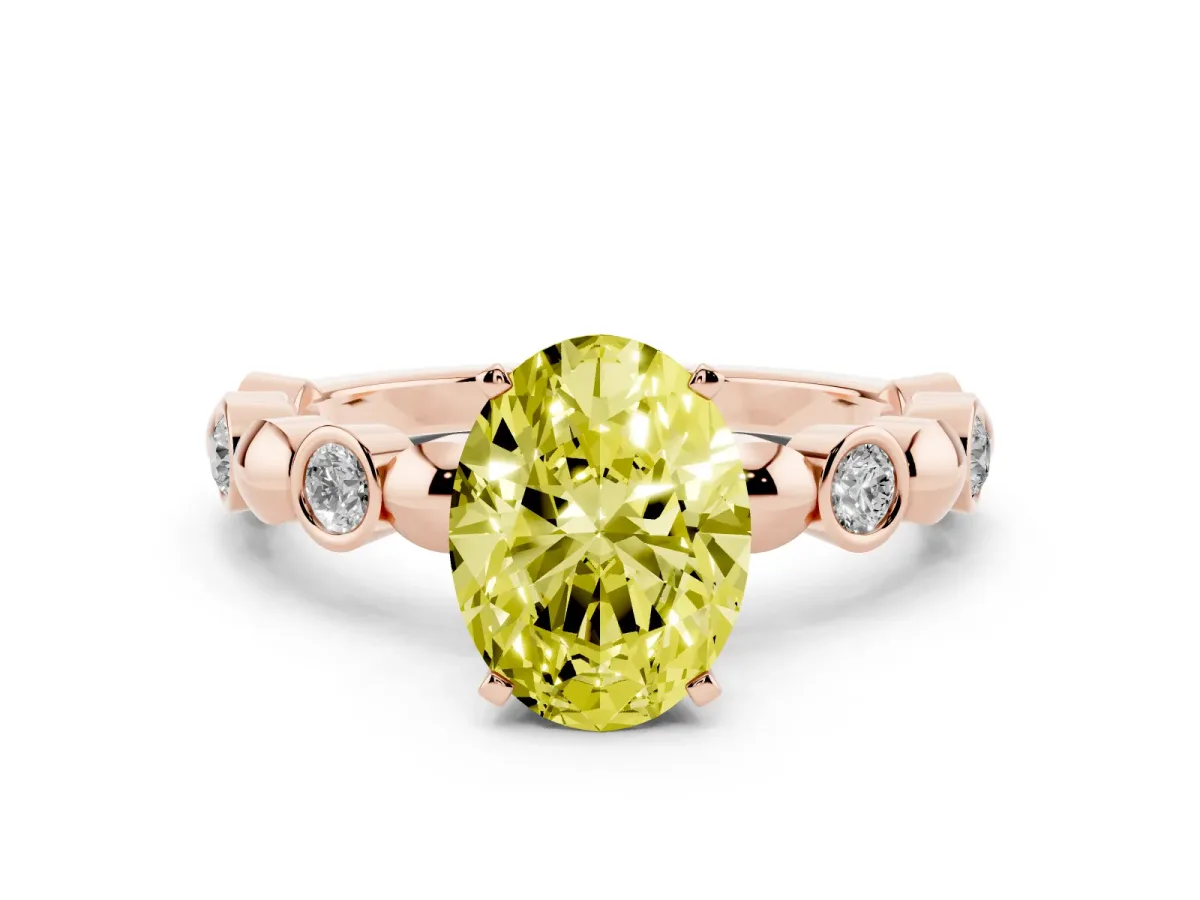 Fancy Yellow Oval Cut Solitaire Bezel-Set Diamond Ring with Beaded Band and Four-Prong Setting Rose gold