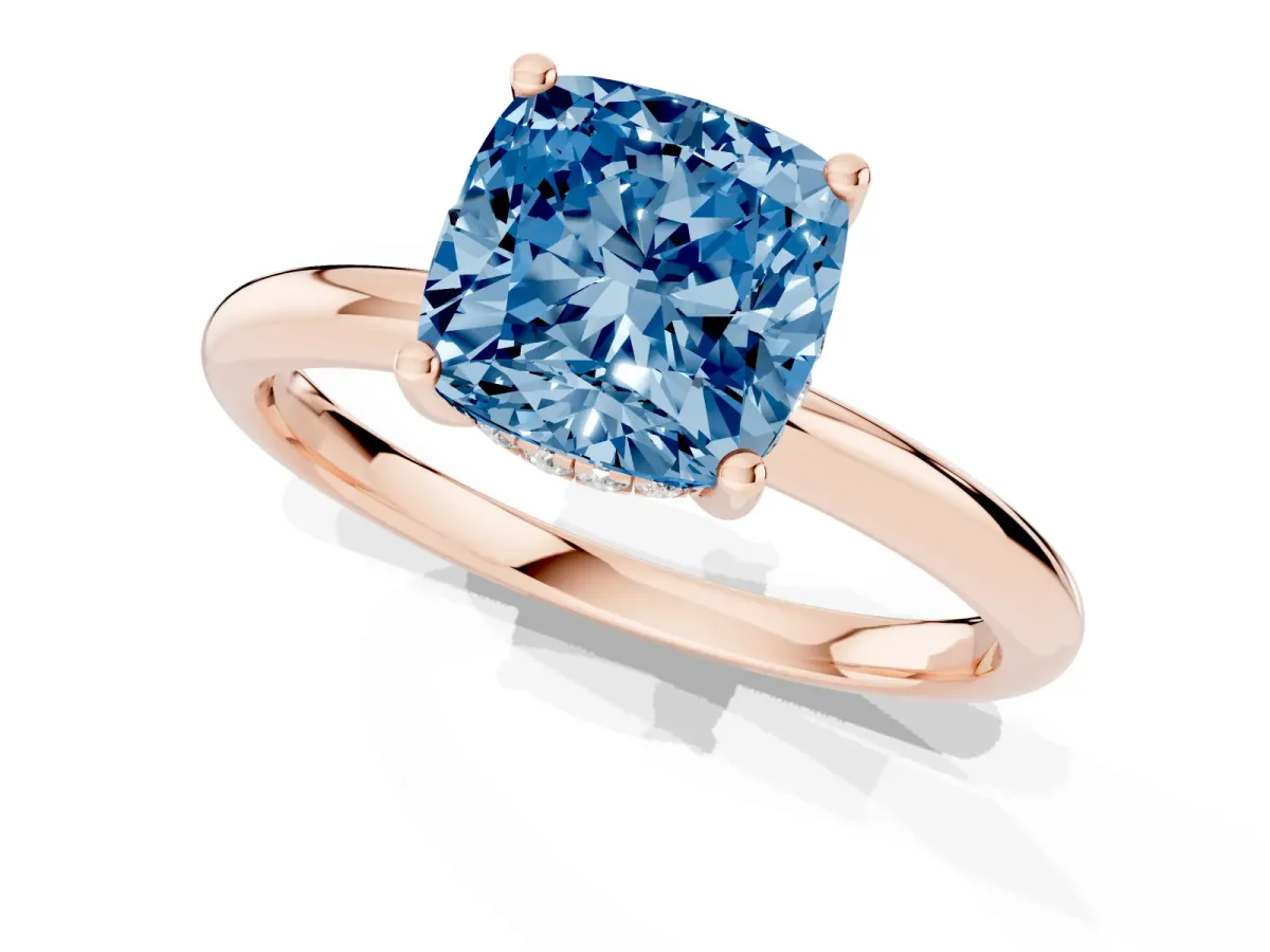 Fancy Blue Cushion Cut Cut Solitaire Engagement Ring with Four-Prong Setting and Classic Band Rose gold