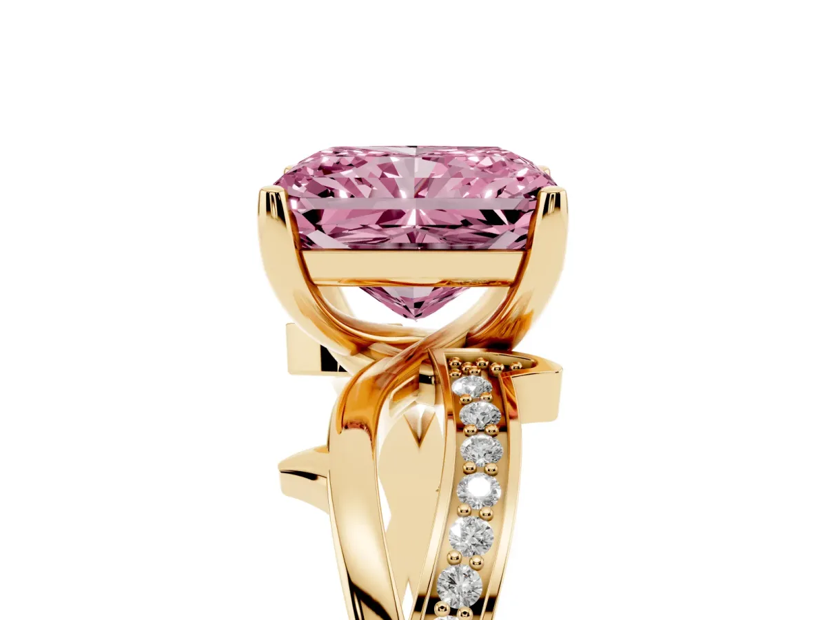 Fancy Pink Radiant Cut Solitaire Twist Band with Pavé Accents and Four-Prong Setting Yellow gold