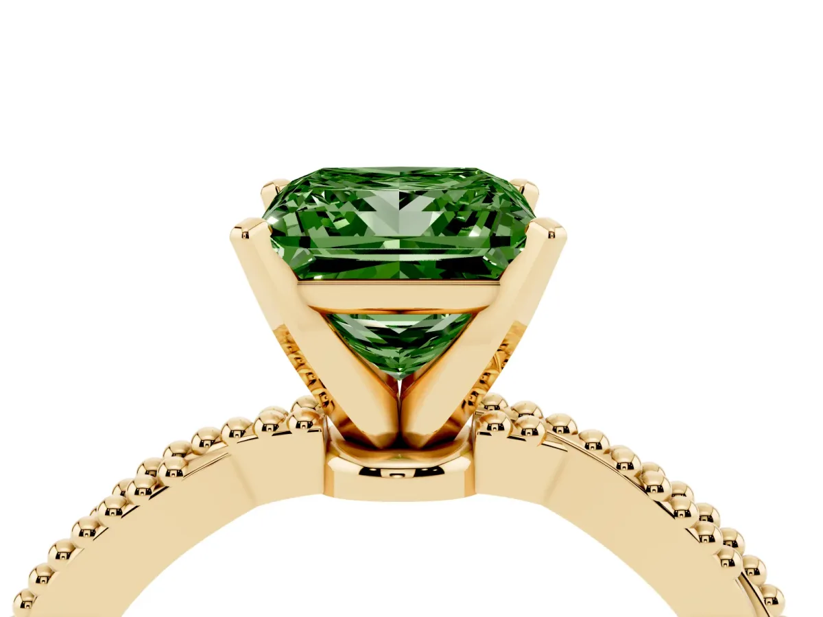 Fancy Green Princess Cut Solitaire Twisted Band with Bead Prong Setting Yellow gold