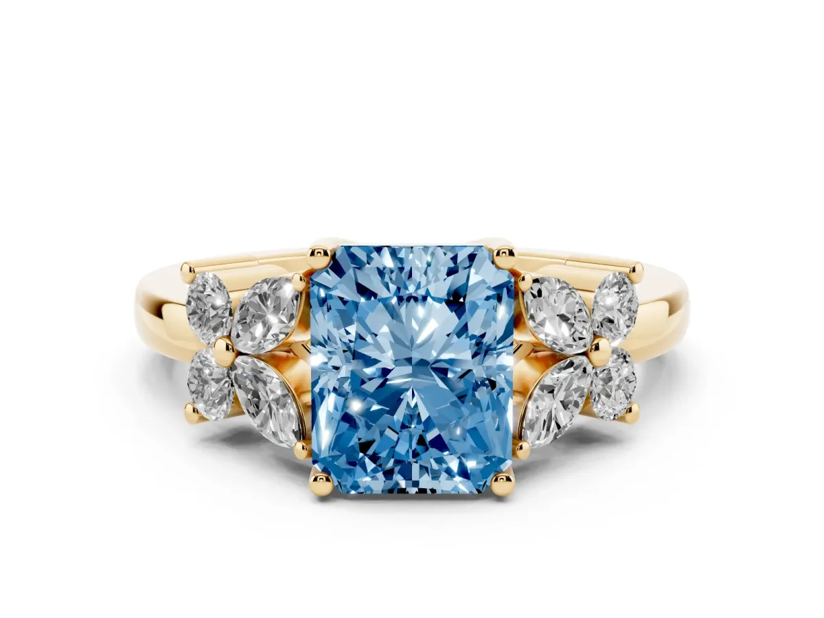 Fancy Blue Radiant Cut Diamond Floral Cluster Ring with Solitaire Band and Prong Setting Yellow gold