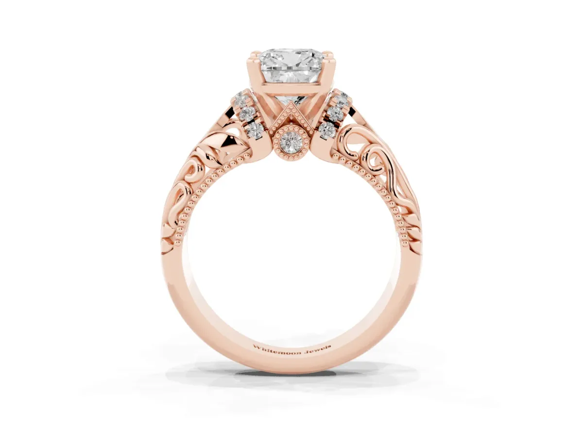 Cushion Cut Solitaire Filigree Engagement Ring with Halo and Prong Setting Rose gold