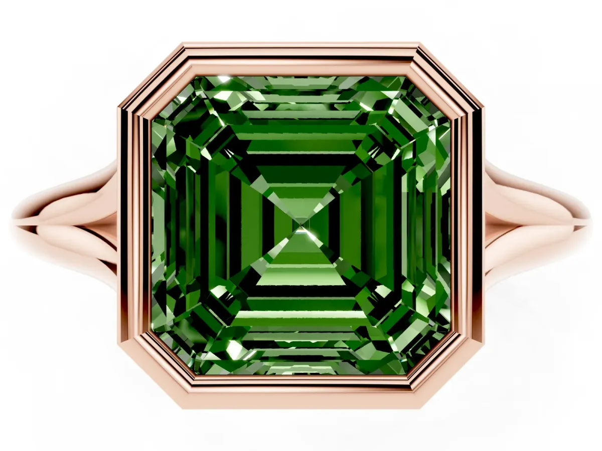 Fancy Green Bezel Set Asscher Cut Cut Solitaire Ring with Tapered Band Rose gold