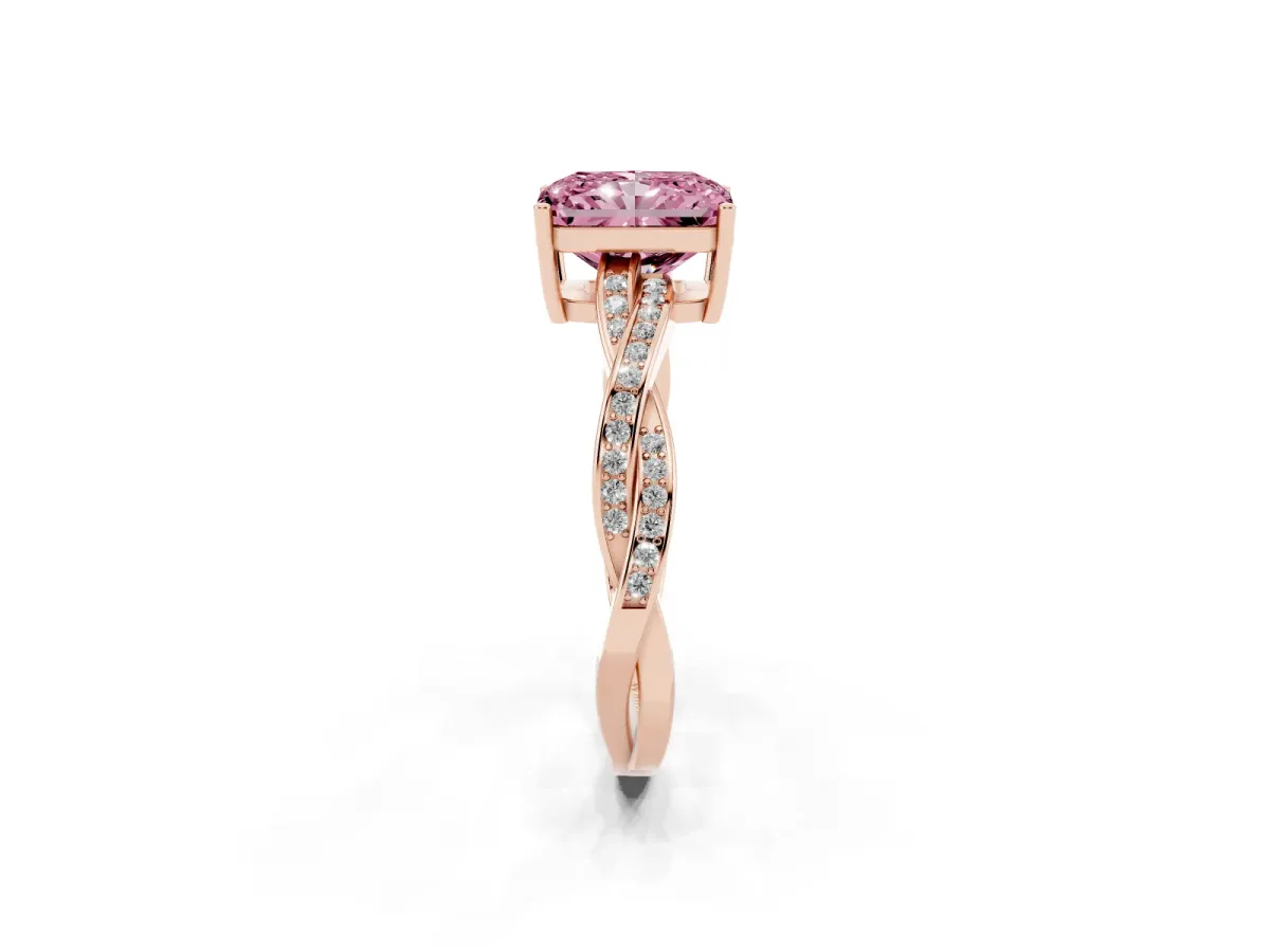 Fancy Pink Radiant Cut Solitaire Twisted Pave Diamond Ring with Four-Prong Setting Rose gold
