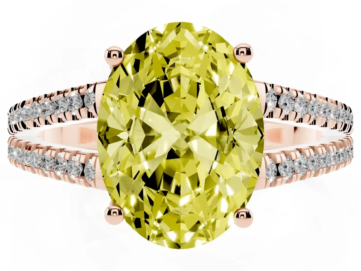 Fancy Yellow Oval Cut Diamond Solitaire Engagement Ring with Split Shank Pavé Band Rose gold
