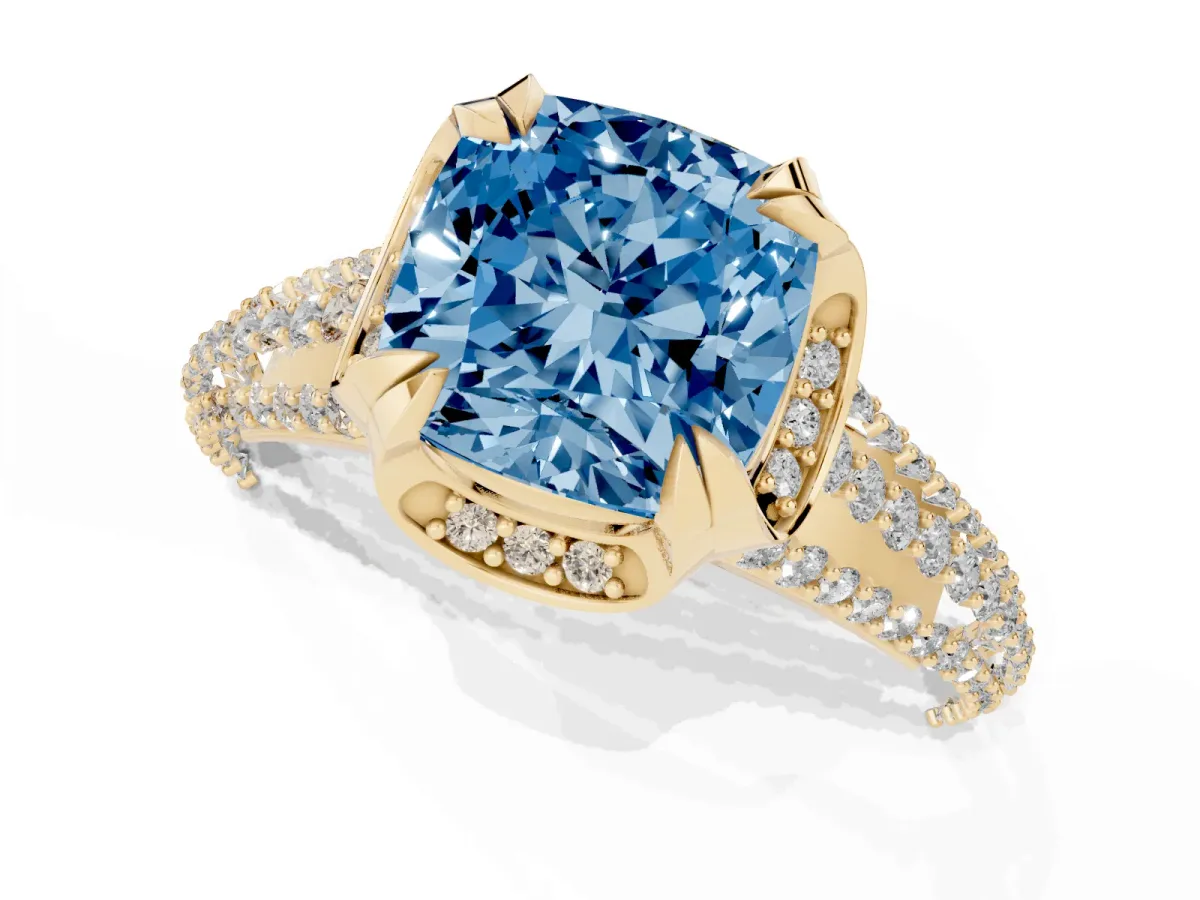 Fancy Blue Cushion Cut Solitaire Pave Split Shank Ring with Four-Prong Setting Yellow gold