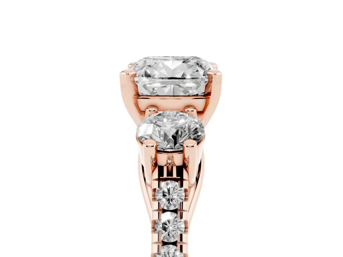 Three-Stone Cushion Cut Diamond Pavé Band with Four-Prong Setting Rose gold