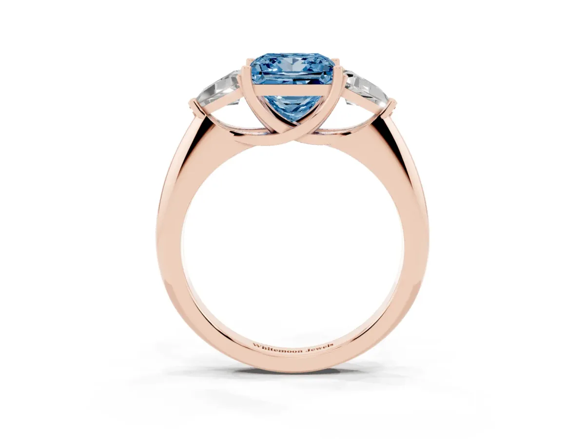 Fancy Blue Three-Stone Princess Cut Diamond Engagement Ring with Trillion Side Stones and Prong Setting Rose gold