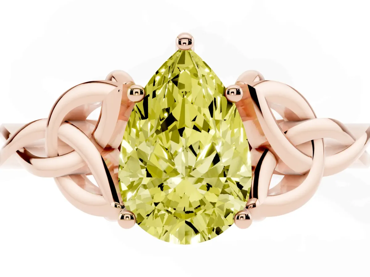 Fancy Yellow Pear Cut Diamond Solitaire Engagement Ring with Celtic Knot Band and Four-Prong Setting Rose gold
