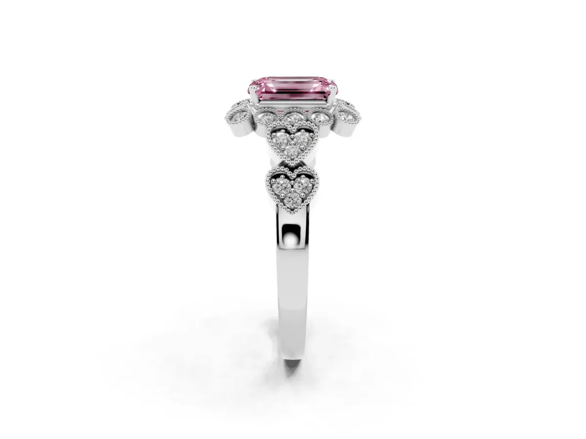 Fancy Pink Emerald Cut Brilliant Milgrain Pave Heart Band Solitaire Ring Silver