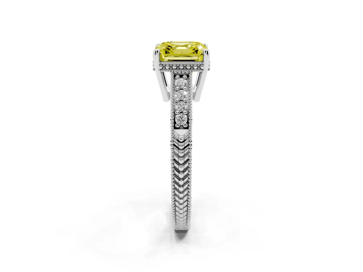 Fancy Yellow Asscher Cut Solitaire Pavé Diamond Milgrain Engagement Ring with Four-Prong Setting Silver